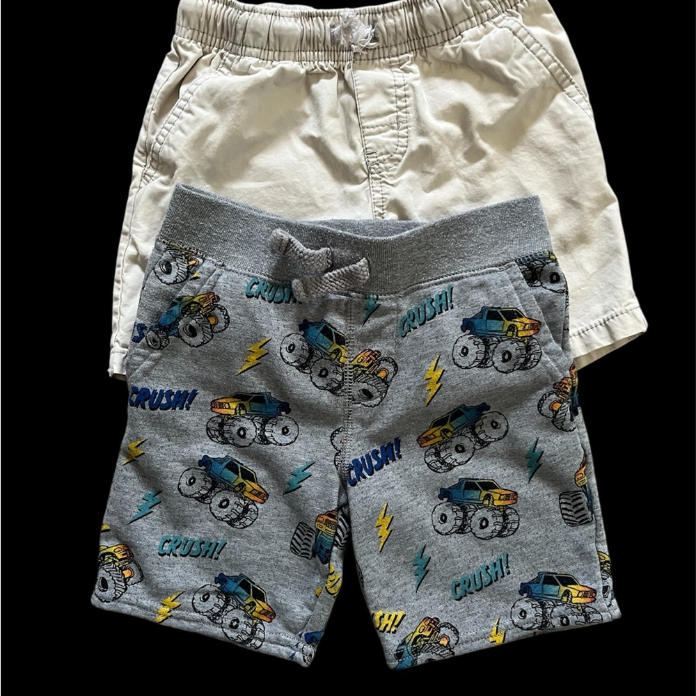Kids Monster Truck Shorts and Light Gray Khaki Style Shorts Bundle (2)